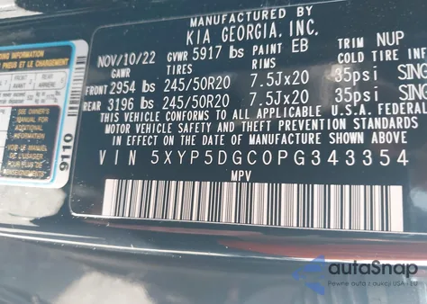 2023 Kia Telluride Sx Prestige z USA, uszkodzony, nr VIN 5XYP5DGC0PG343354